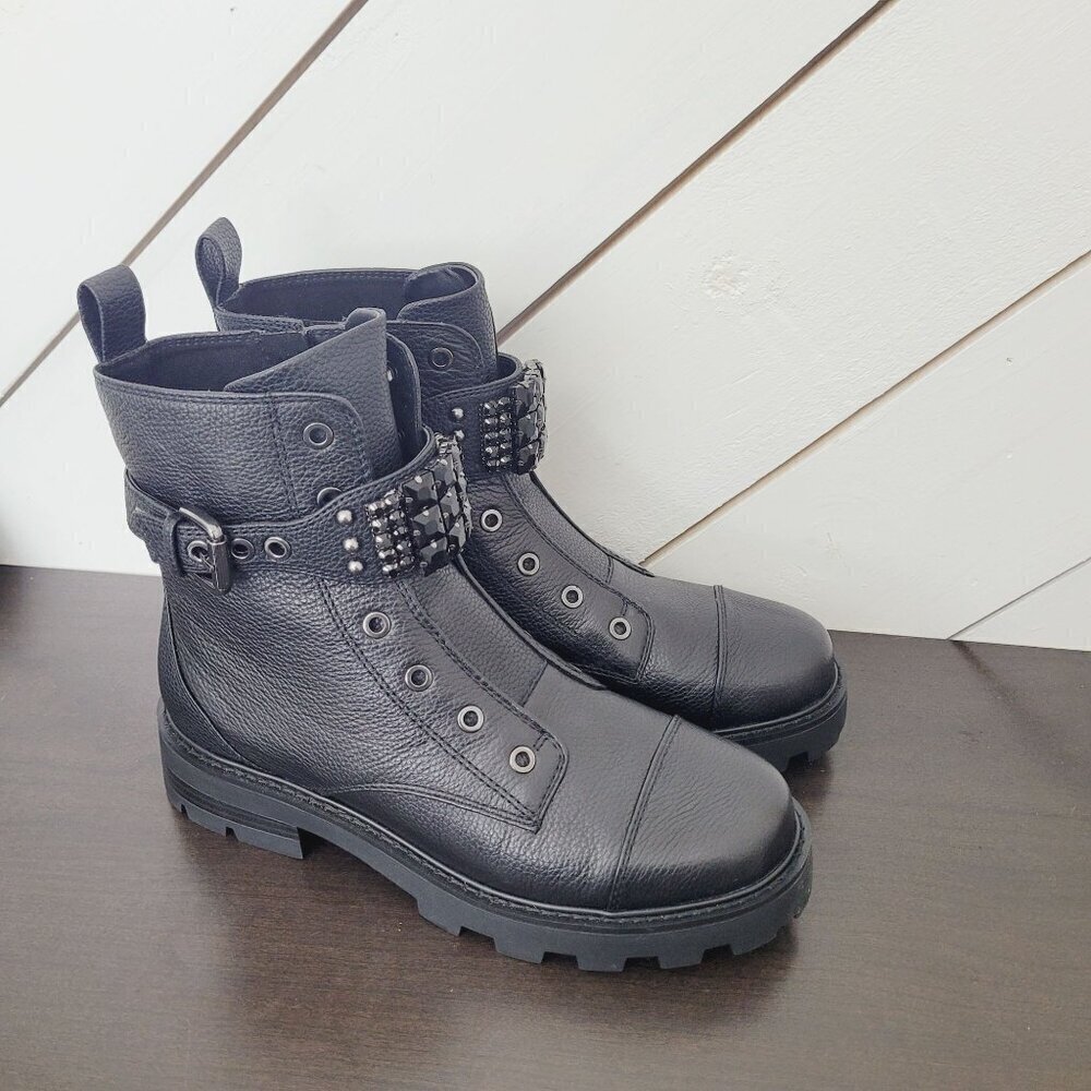 NEW Karl Lagerfeld Paris Women's 9.5 Pippa Black Leather Combat Boots// 10PT